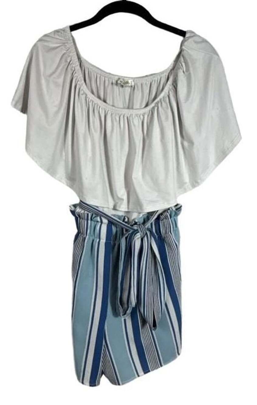 La Gypsy Romper Size L White Blue Striped Off Shoulder Tie Waist